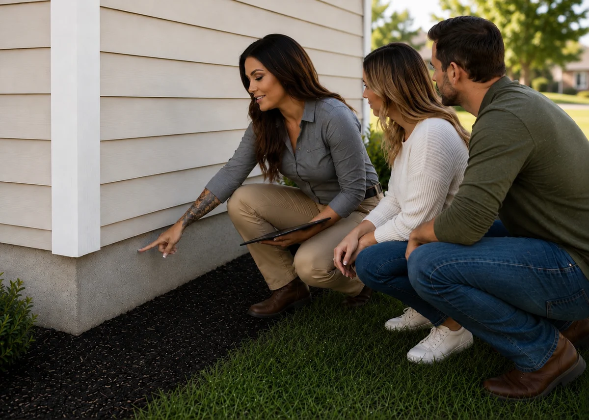 Lynne Cathey pointing out a foundation finding to homebuyers during an inspection
